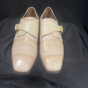 Cream Crocodile Patterned Loafers with Gold Buckle
